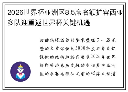 2026世界杯亚洲区8.5席名额扩容西亚多队迎重返世界杯关键机遇