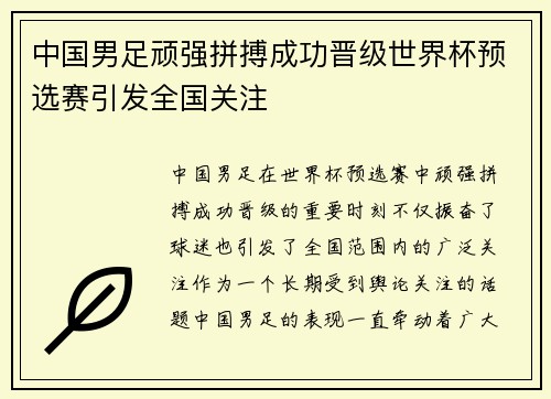 中国男足顽强拼搏成功晋级世界杯预选赛引发全国关注